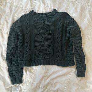 Quince Organic Cotton Cropped Cable Crew Sweater in Dark Spruce, Women's M